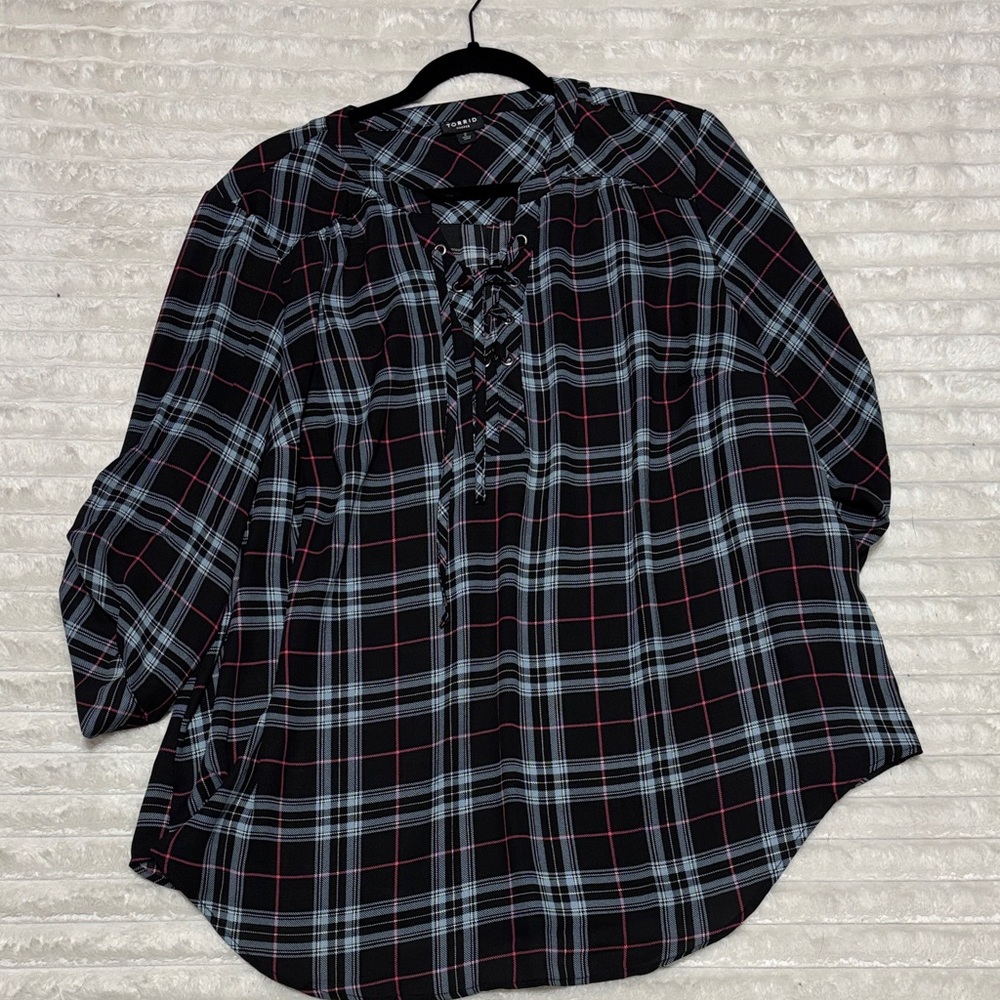 Torrid Black and White Plaid Lace-Up Blouse